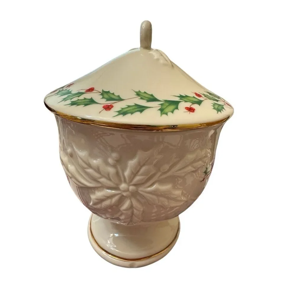 Lenox Covered Holiday Candy Dish Cream Red Green Holly Gold Trim